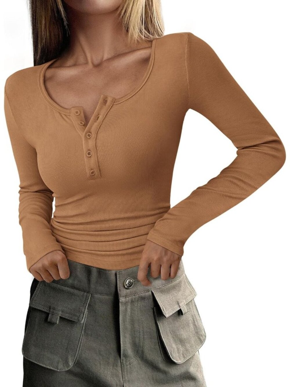 Women's Beige-2 Crewneck Long Sleeve Henley T-Shirts Soft Ribbed Knit Button Top